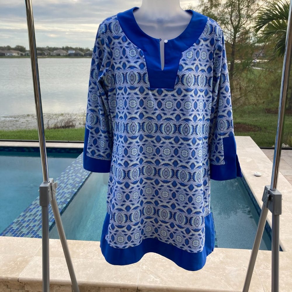 CABANA LIFE Tunic Dress UPF50 Blue Road Map Size Large Split Sleeve Detail